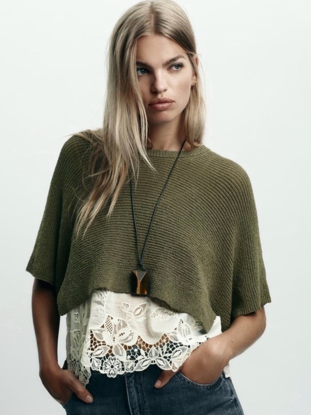 Zara Olive Green Textured Knit Lace Hem Layered Boho Top L